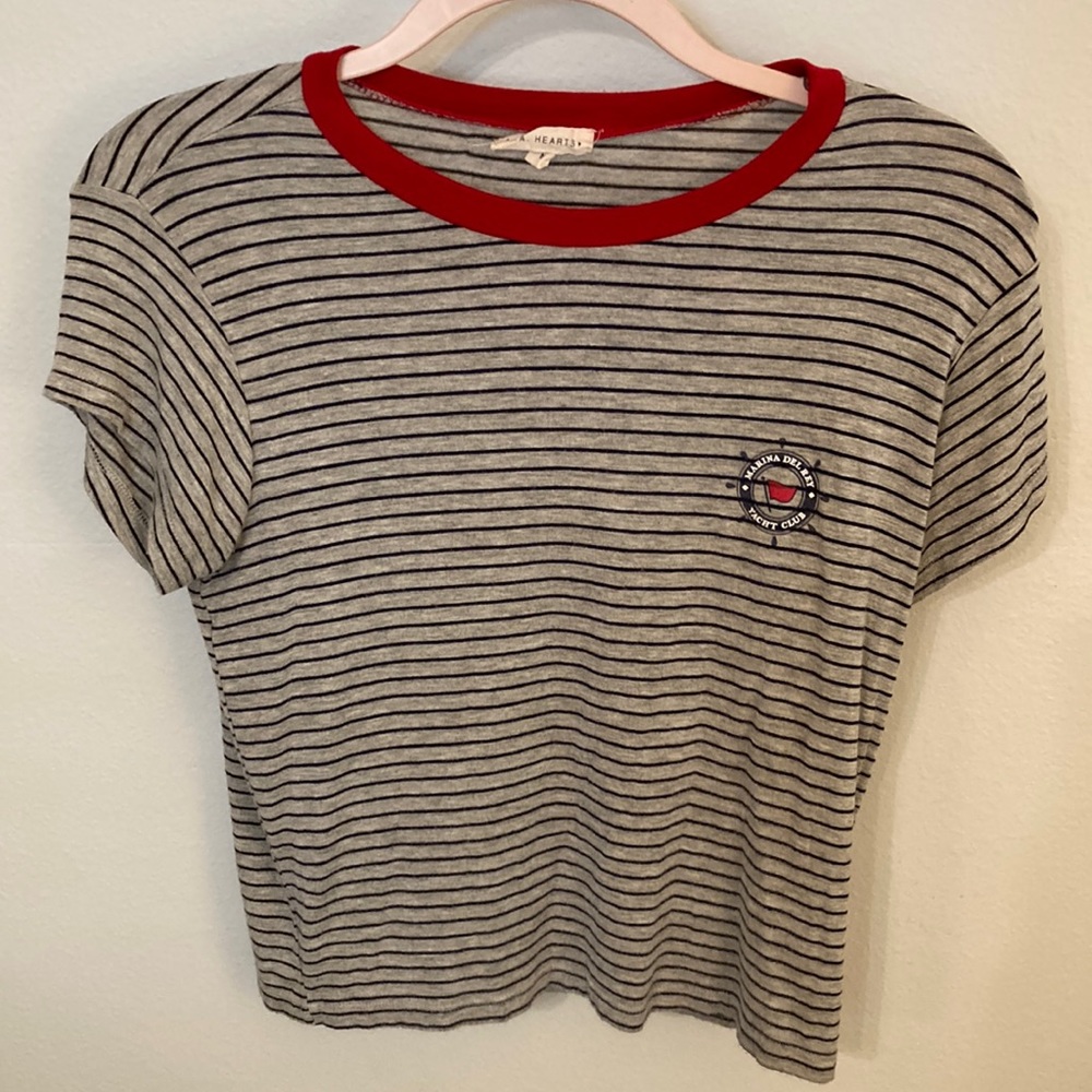 L.A. Hearts Distressed Tee Size M; Grey, Red, Navy Stripe; Marina Del Rey Logo